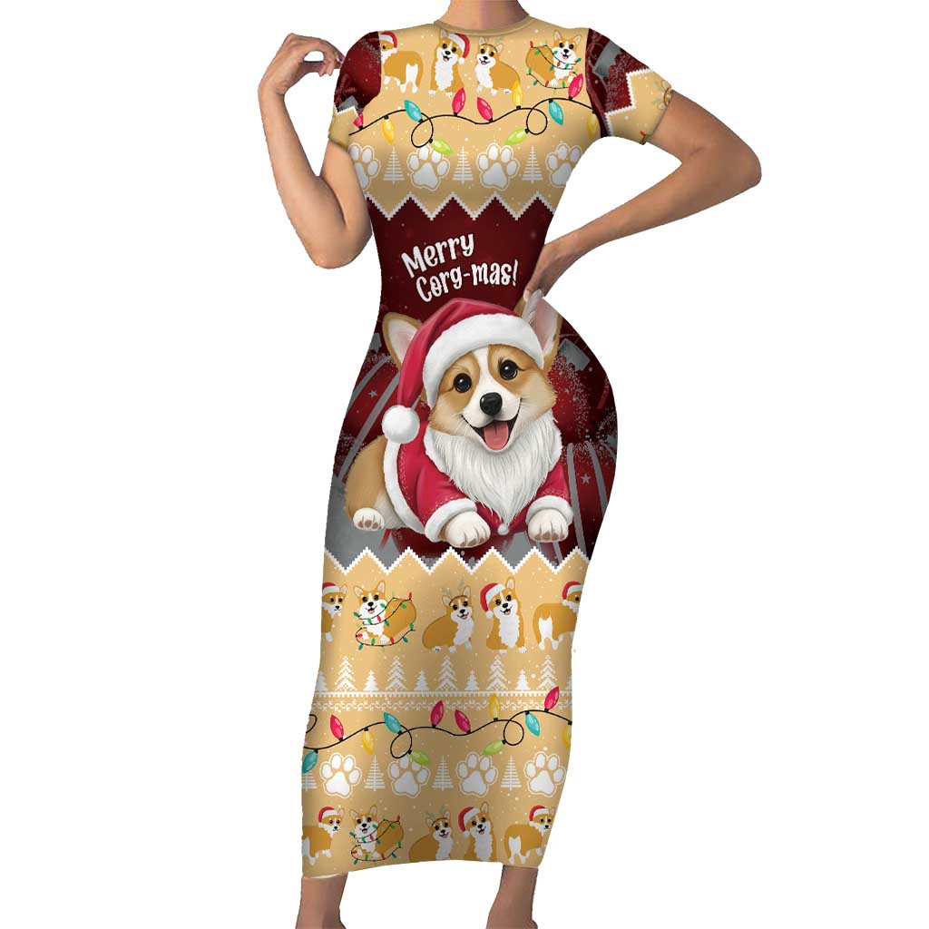 Personalised Wales Corgi Christmas Short Sleeve Bodycon Dress Merry Corg-mas Yellow Color - Wonder Print Shop