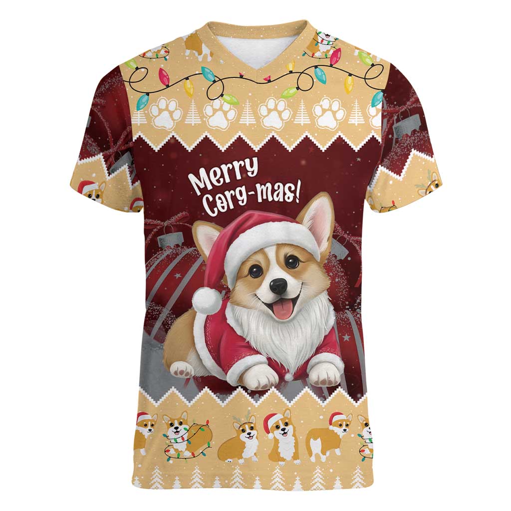 Personalised Wales Corgi Christmas Women V-Neck T-Shirt Merry Corg-mas Yellow Color - Wonder Print Shop