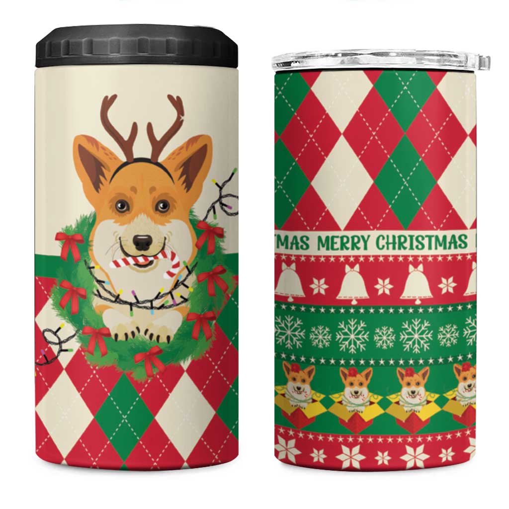 Wales Corgi Christmas 4 in 1 Can Cooler Tumbler Seamless Cute Dog Argyle Pattern - Wonder Print Shop