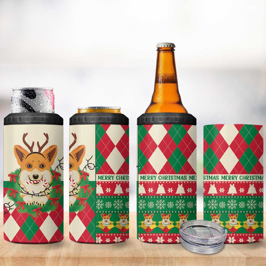 Wales Corgi Christmas 4 in 1 Can Cooler Tumbler Seamless Cute Dog Argyle Pattern - Wonder Print Shop