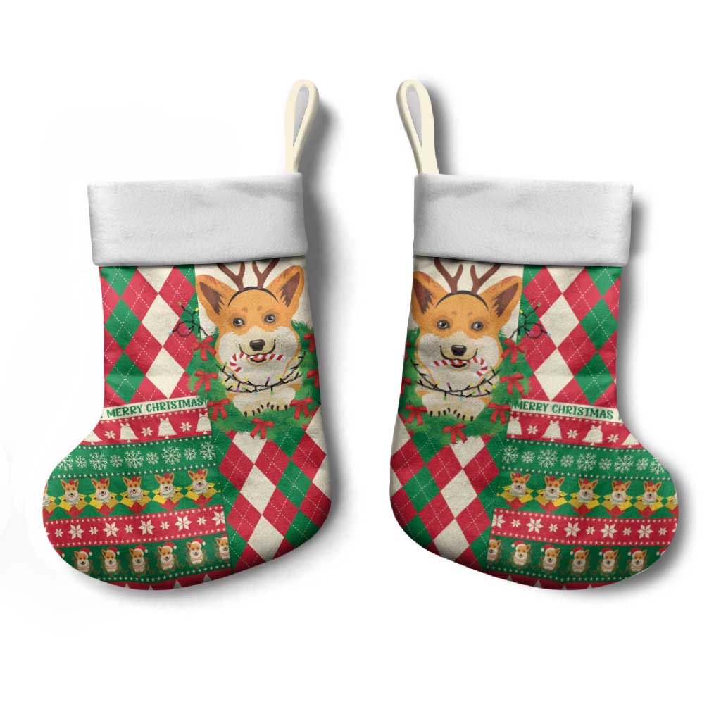 Wales Corgi Christmas Stocking Seamless Cute Dog Argyle Pattern - Wonder Print Shop