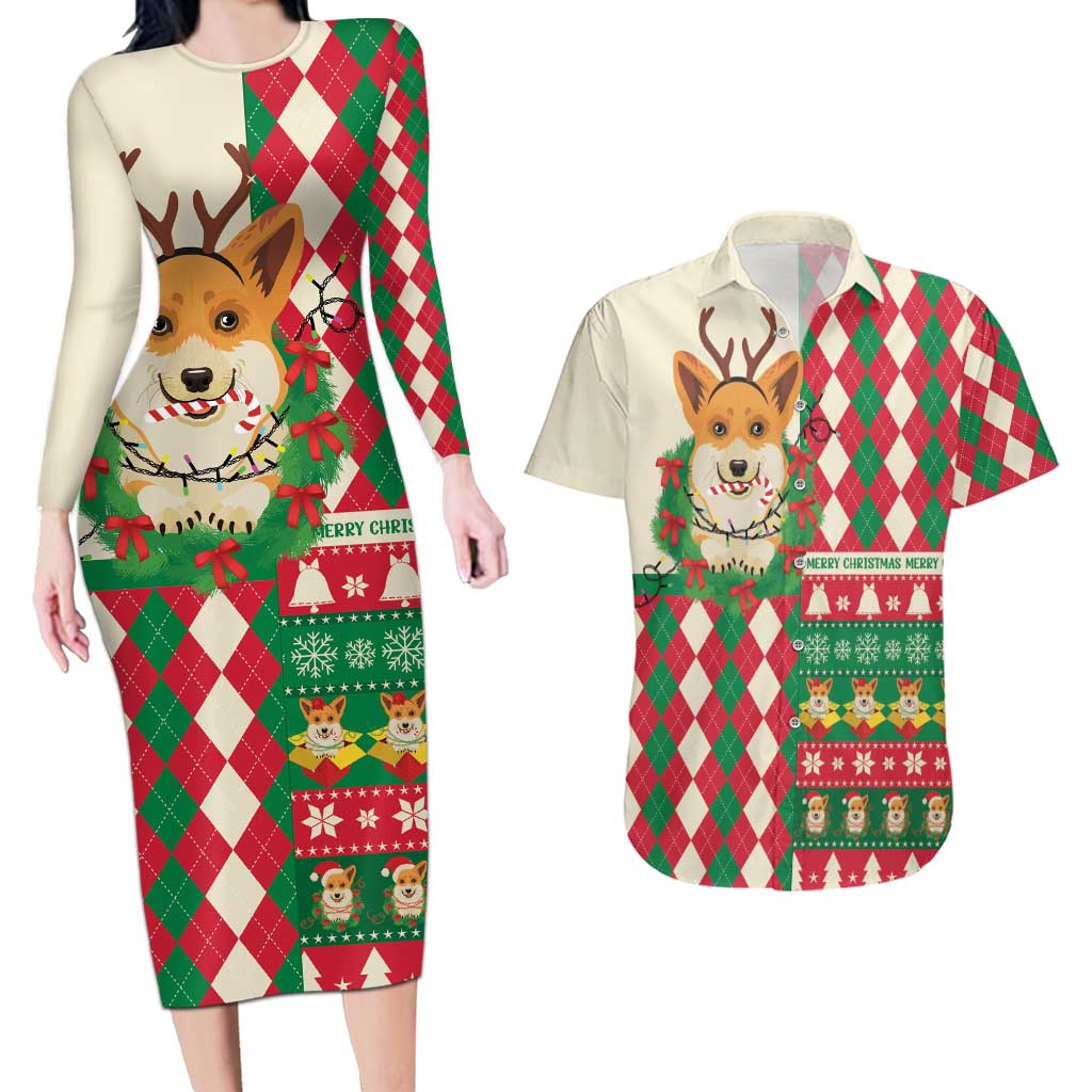 Wales Corgi Christmas Couples Matching Long Sleeve Bodycon Dress and Hawaiian Shirt Seamless Cute Dog Argyle Pattern - Wonder Print Shop