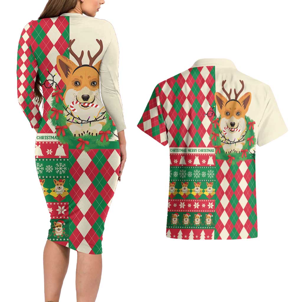 Wales Corgi Christmas Couples Matching Long Sleeve Bodycon Dress and Hawaiian Shirt Seamless Cute Dog Argyle Pattern - Wonder Print Shop