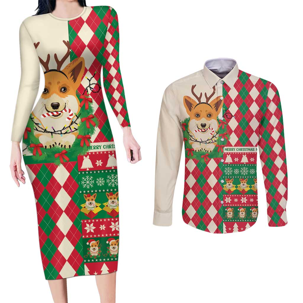 Wales Corgi Christmas Couples Matching Long Sleeve Bodycon Dress and Long Sleeve Button Shirt Seamless Cute Dog Argyle Pattern - Wonder Print Shop