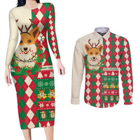 Wales Corgi Christmas Couples Matching Long Sleeve Bodycon Dress and Long Sleeve Button Shirt Seamless Cute Dog Argyle Pattern - Wonder Print Shop