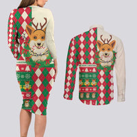 Wales Corgi Christmas Couples Matching Long Sleeve Bodycon Dress and Long Sleeve Button Shirt Seamless Cute Dog Argyle Pattern - Wonder Print Shop