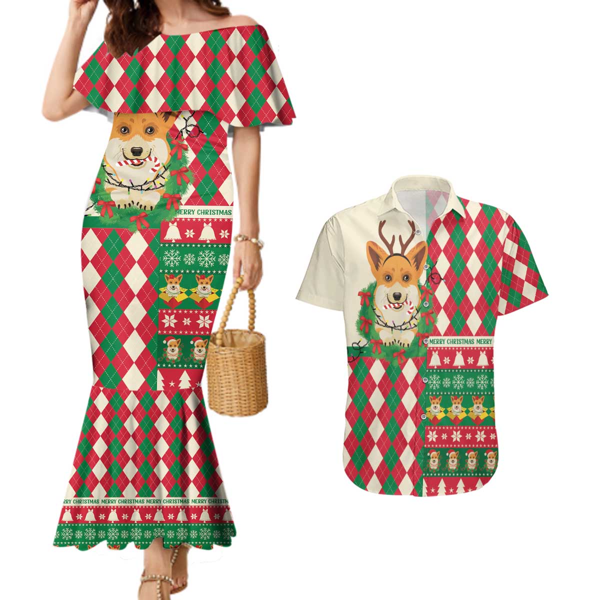 Wales Corgi Christmas Couples Matching Mermaid Dress and Hawaiian Shirt Seamless Cute Dog Argyle Pattern - Wonder Print Shop