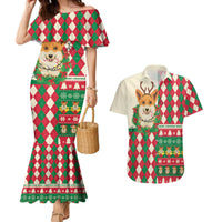 Wales Corgi Christmas Couples Matching Mermaid Dress and Hawaiian Shirt Seamless Cute Dog Argyle Pattern - Wonder Print Shop