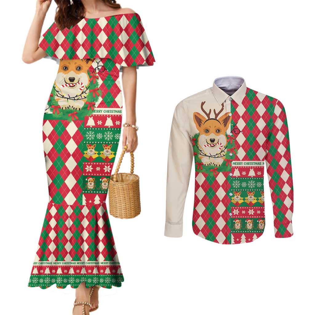 Wales Corgi Christmas Couples Matching Mermaid Dress and Long Sleeve Button Shirt Seamless Cute Dog Argyle Pattern - Wonder Print Shop