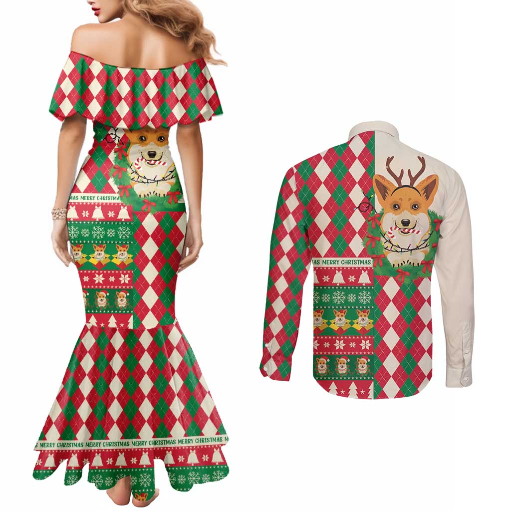 Wales Corgi Christmas Couples Matching Mermaid Dress and Long Sleeve Button Shirt Seamless Cute Dog Argyle Pattern - Wonder Print Shop