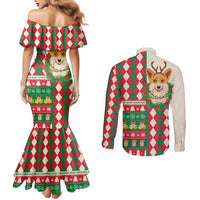 Wales Corgi Christmas Couples Matching Mermaid Dress and Long Sleeve Button Shirt Seamless Cute Dog Argyle Pattern - Wonder Print Shop