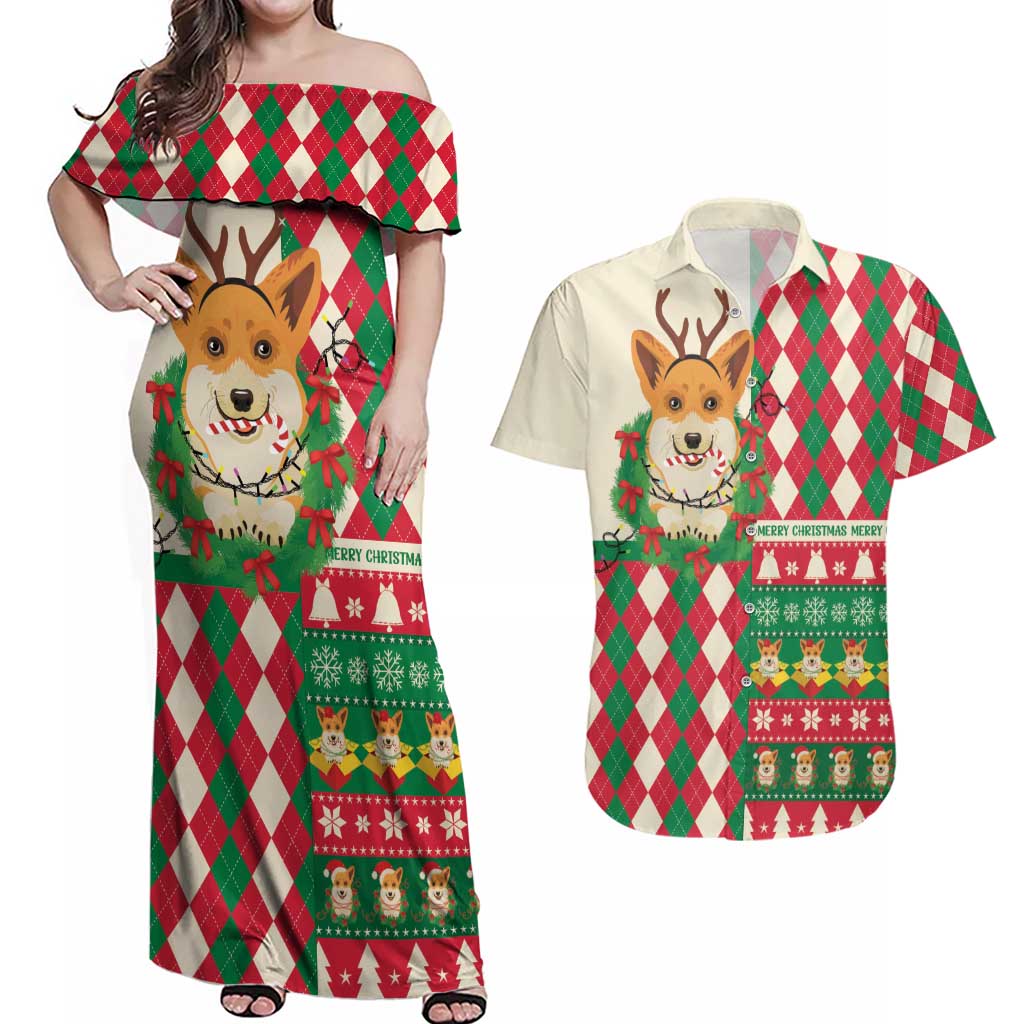 Wales Corgi Christmas Couples Matching Off Shoulder Maxi Dress and Hawaiian Shirt Seamless Cute Dog Argyle Pattern - Wonder Print Shop
