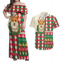 Wales Corgi Christmas Couples Matching Off Shoulder Maxi Dress and Hawaiian Shirt Seamless Cute Dog Argyle Pattern - Wonder Print Shop