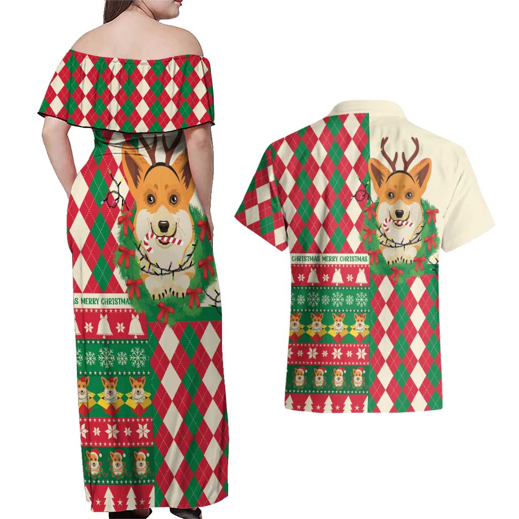 Wales Corgi Christmas Couples Matching Off Shoulder Maxi Dress and Hawaiian Shirt Seamless Cute Dog Argyle Pattern - Wonder Print Shop