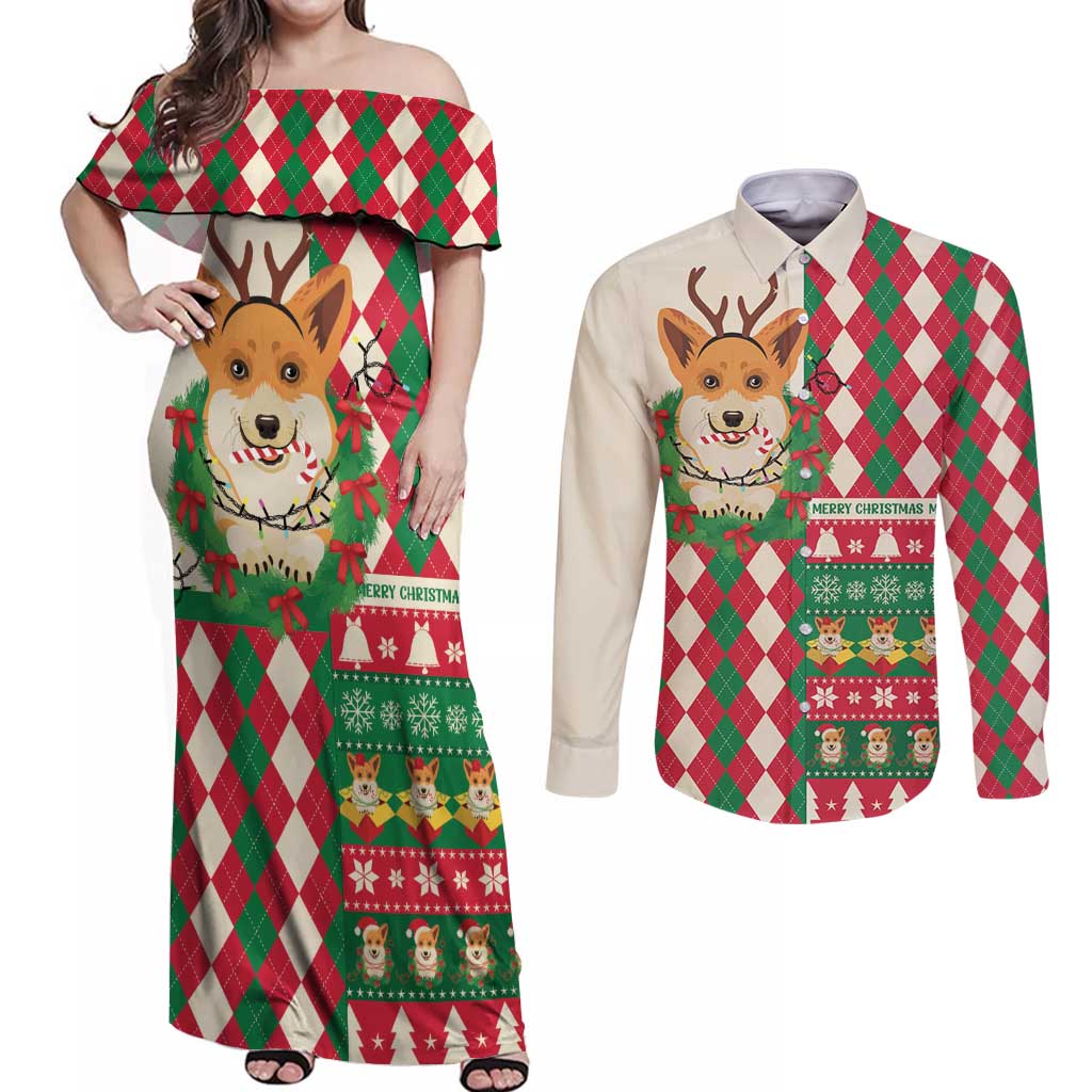 Wales Corgi Christmas Couples Matching Off Shoulder Maxi Dress and Long Sleeve Button Shirt Seamless Cute Dog Argyle Pattern - Wonder Print Shop