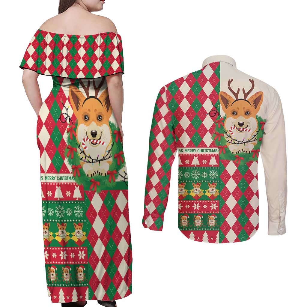 Wales Corgi Christmas Couples Matching Off Shoulder Maxi Dress and Long Sleeve Button Shirt Seamless Cute Dog Argyle Pattern - Wonder Print Shop