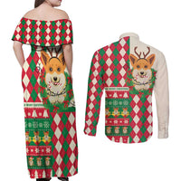 Wales Corgi Christmas Couples Matching Off Shoulder Maxi Dress and Long Sleeve Button Shirt Seamless Cute Dog Argyle Pattern - Wonder Print Shop