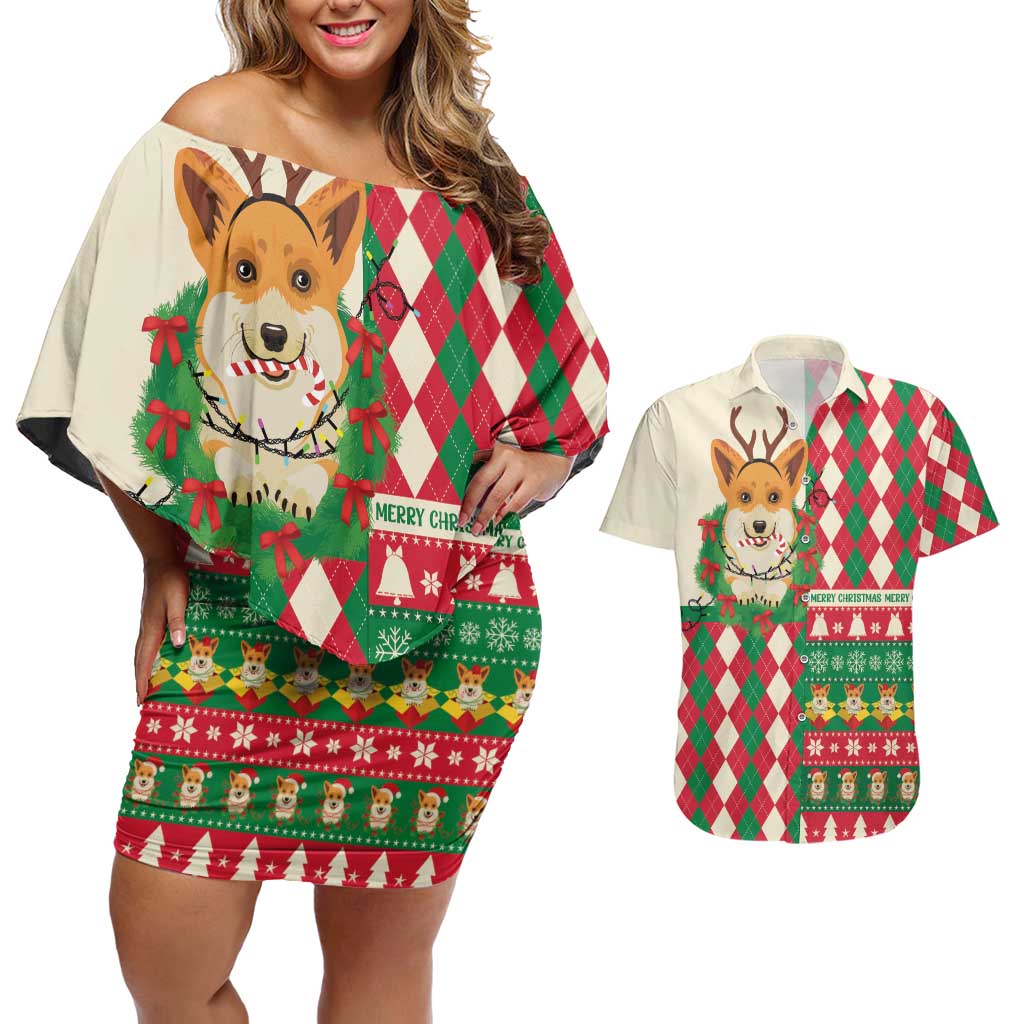 Wales Corgi Christmas Couples Matching Off Shoulder Short Dress and Hawaiian Shirt Seamless Cute Dog Argyle Pattern - Wonder Print Shop