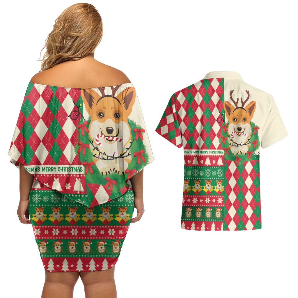 Wales Corgi Christmas Couples Matching Off Shoulder Short Dress and Hawaiian Shirt Seamless Cute Dog Argyle Pattern - Wonder Print Shop