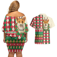 Wales Corgi Christmas Couples Matching Off Shoulder Short Dress and Hawaiian Shirt Seamless Cute Dog Argyle Pattern - Wonder Print Shop