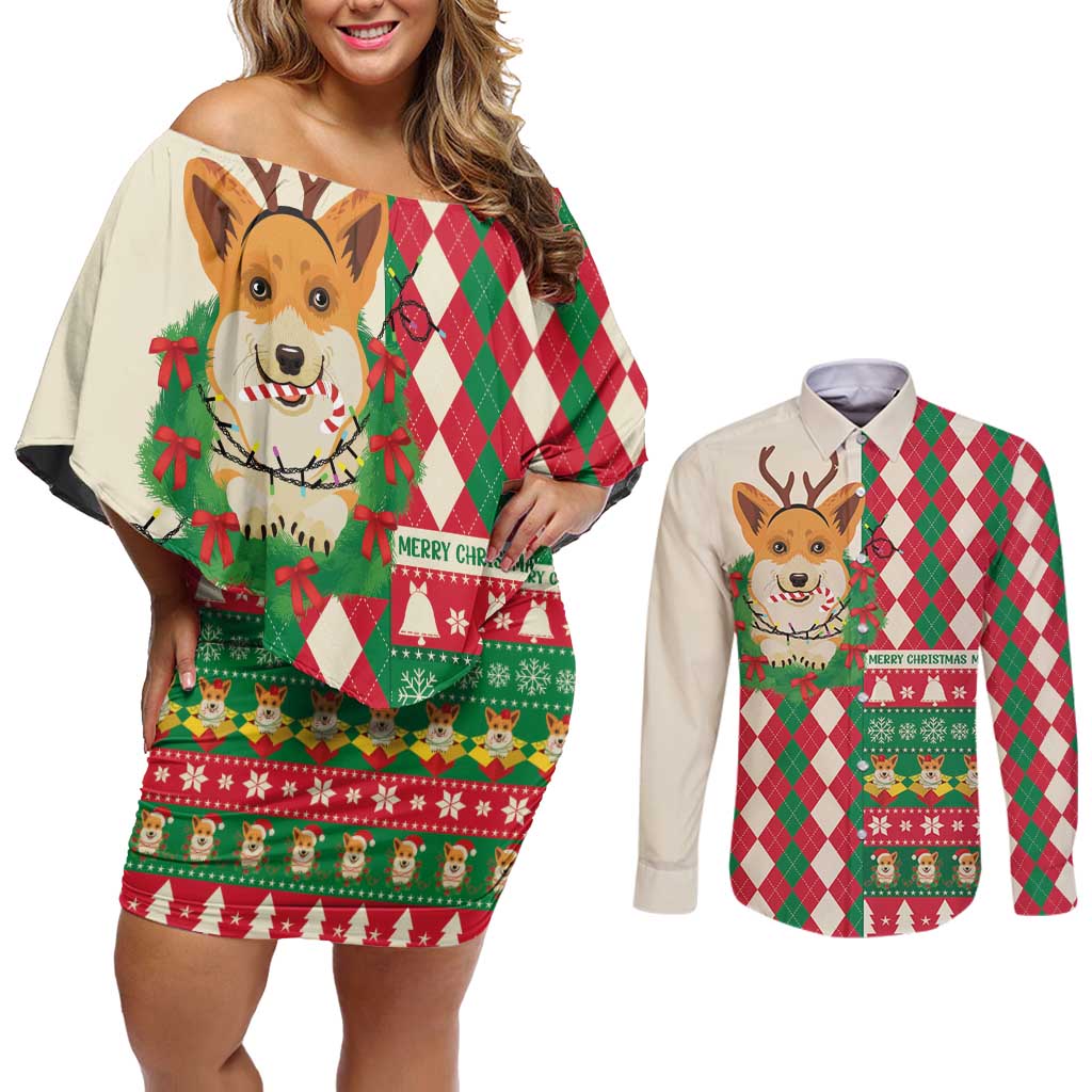 Wales Corgi Christmas Couples Matching Off Shoulder Short Dress and Long Sleeve Button Shirt Seamless Cute Dog Argyle Pattern - Wonder Print Shop