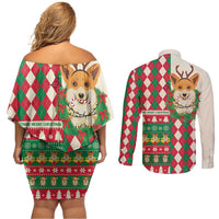 Wales Corgi Christmas Couples Matching Off Shoulder Short Dress and Long Sleeve Button Shirt Seamless Cute Dog Argyle Pattern - Wonder Print Shop