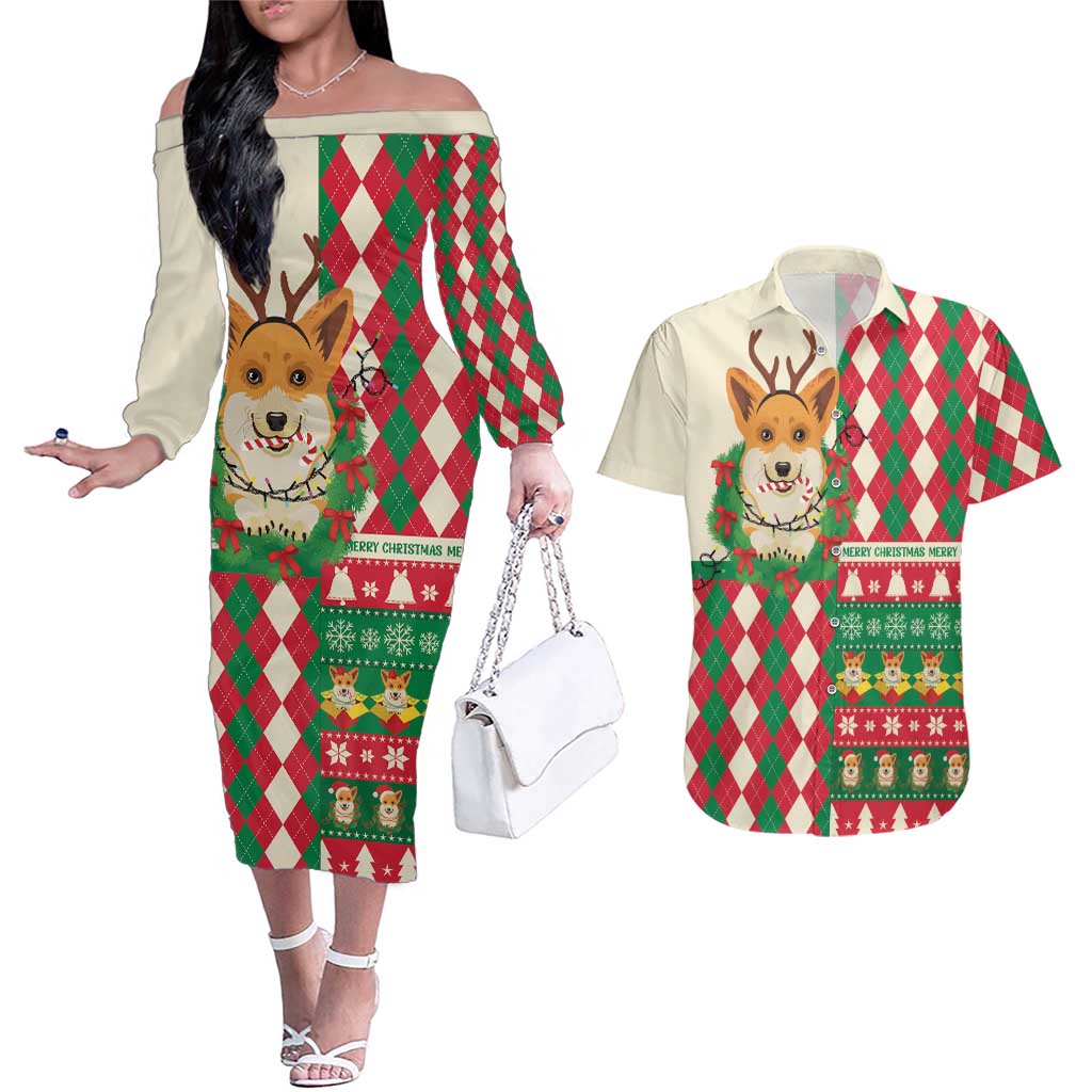 Wales Corgi Christmas Couples Matching Off The Shoulder Long Sleeve Dress and Hawaiian Shirt Seamless Cute Dog Argyle Pattern - Wonder Print Shop