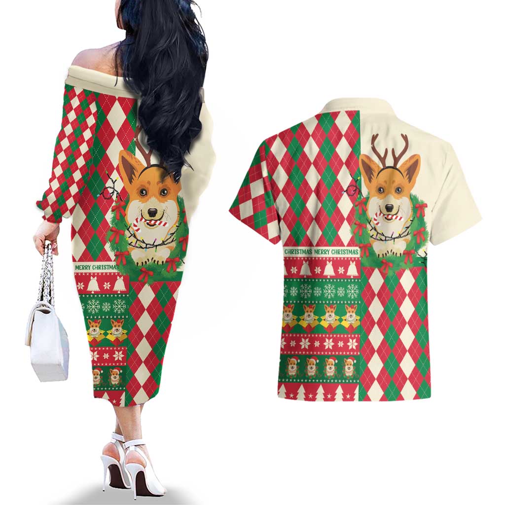 Wales Corgi Christmas Couples Matching Off The Shoulder Long Sleeve Dress and Hawaiian Shirt Seamless Cute Dog Argyle Pattern - Wonder Print Shop