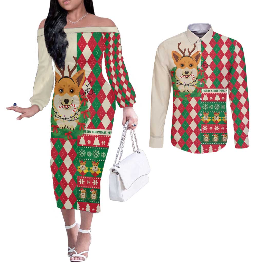 Wales Corgi Christmas Couples Matching Off The Shoulder Long Sleeve Dress and Long Sleeve Button Shirt Seamless Cute Dog Argyle Pattern - Wonder Print Shop