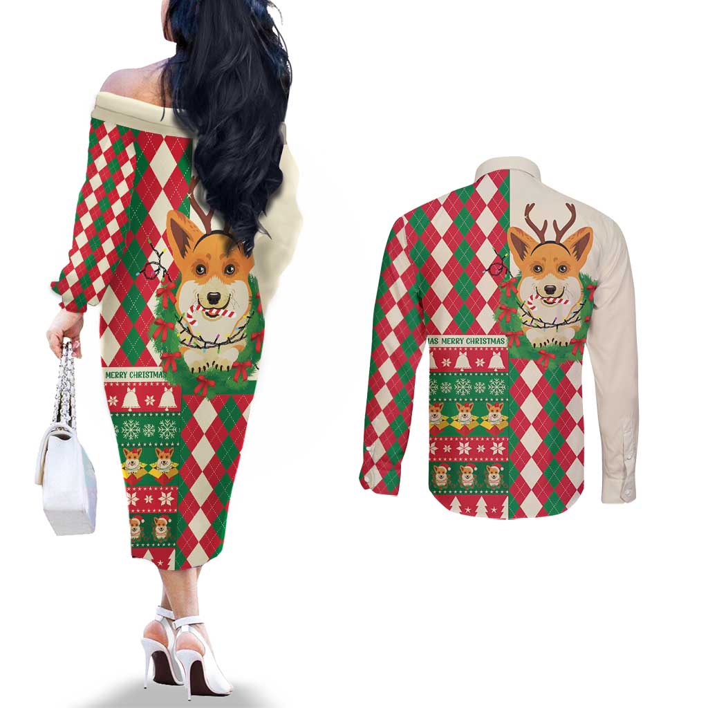 Wales Corgi Christmas Couples Matching Off The Shoulder Long Sleeve Dress and Long Sleeve Button Shirt Seamless Cute Dog Argyle Pattern - Wonder Print Shop