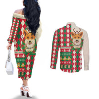 Wales Corgi Christmas Couples Matching Off The Shoulder Long Sleeve Dress and Long Sleeve Button Shirt Seamless Cute Dog Argyle Pattern - Wonder Print Shop