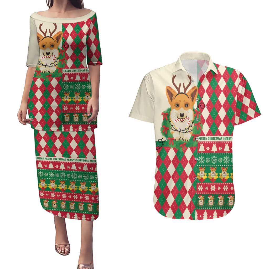 Wales Corgi Christmas Couples Matching Puletasi and Hawaiian Shirt Seamless Cute Dog Argyle Pattern - Wonder Print Shop