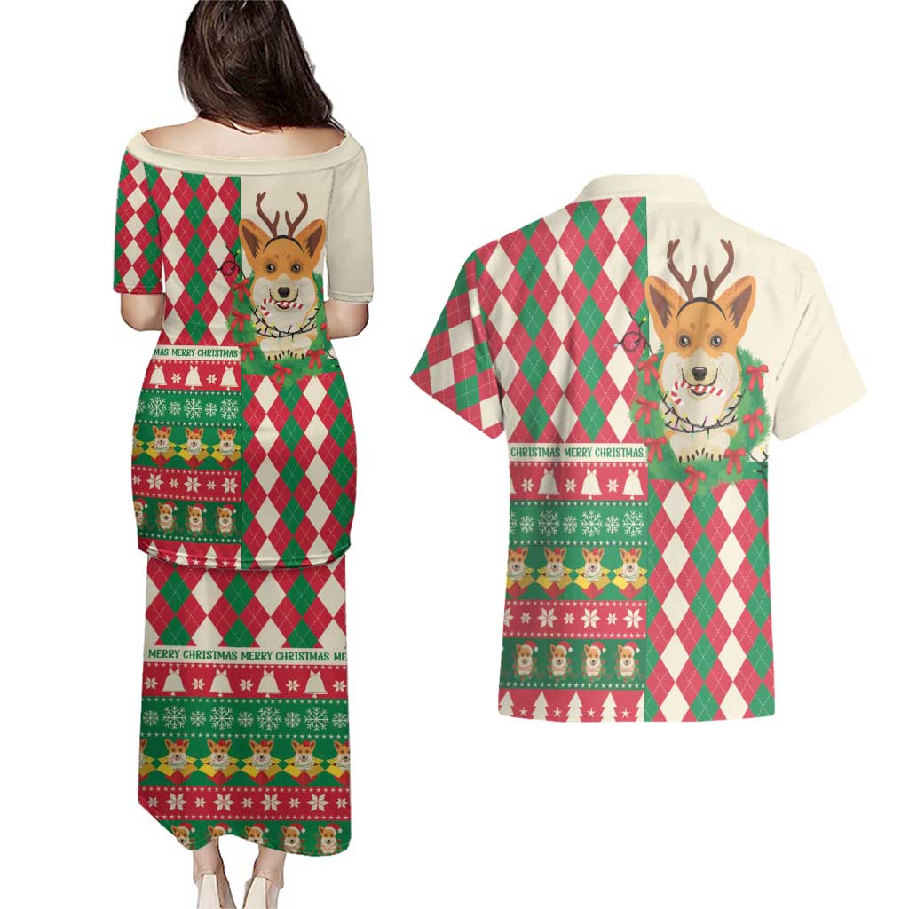 Wales Corgi Christmas Couples Matching Puletasi and Hawaiian Shirt Seamless Cute Dog Argyle Pattern - Wonder Print Shop
