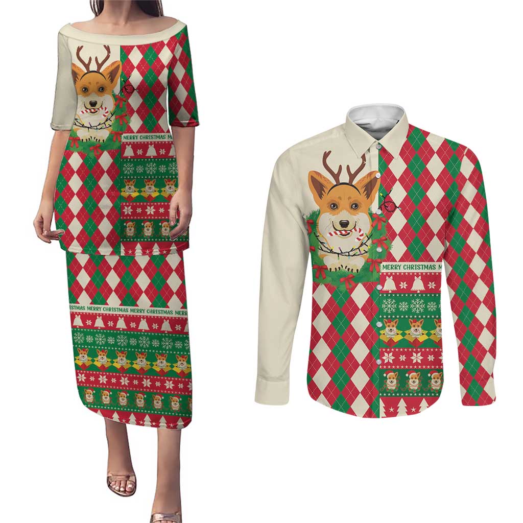 Wales Corgi Christmas Couples Matching Puletasi and Long Sleeve Button Shirt Seamless Cute Dog Argyle Pattern - Wonder Print Shop