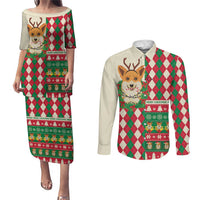Wales Corgi Christmas Couples Matching Puletasi and Long Sleeve Button Shirt Seamless Cute Dog Argyle Pattern - Wonder Print Shop
