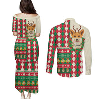 Wales Corgi Christmas Couples Matching Puletasi and Long Sleeve Button Shirt Seamless Cute Dog Argyle Pattern - Wonder Print Shop