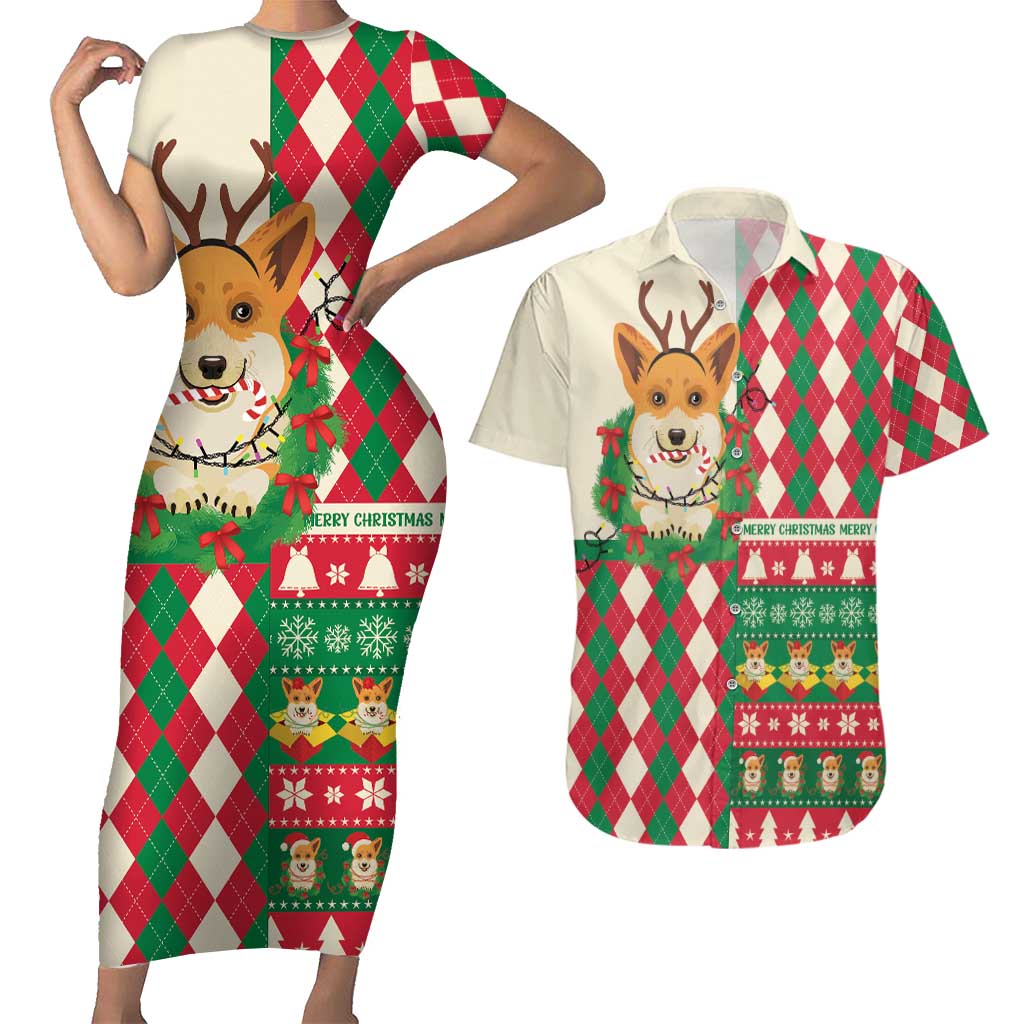 Wales Corgi Christmas Couples Matching Short Sleeve Bodycon Dress and Hawaiian Shirt Seamless Cute Dog Argyle Pattern - Wonder Print Shop