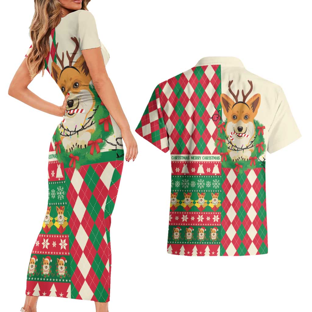 Wales Corgi Christmas Couples Matching Short Sleeve Bodycon Dress and Hawaiian Shirt Seamless Cute Dog Argyle Pattern - Wonder Print Shop