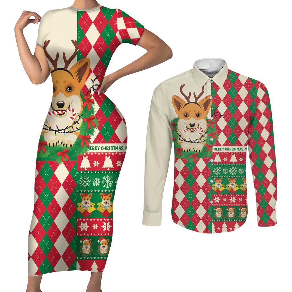 Wales Corgi Christmas Couples Matching Short Sleeve Bodycon Dress and Long Sleeve Button Shirt Seamless Cute Dog Argyle Pattern - Wonder Print Shop
