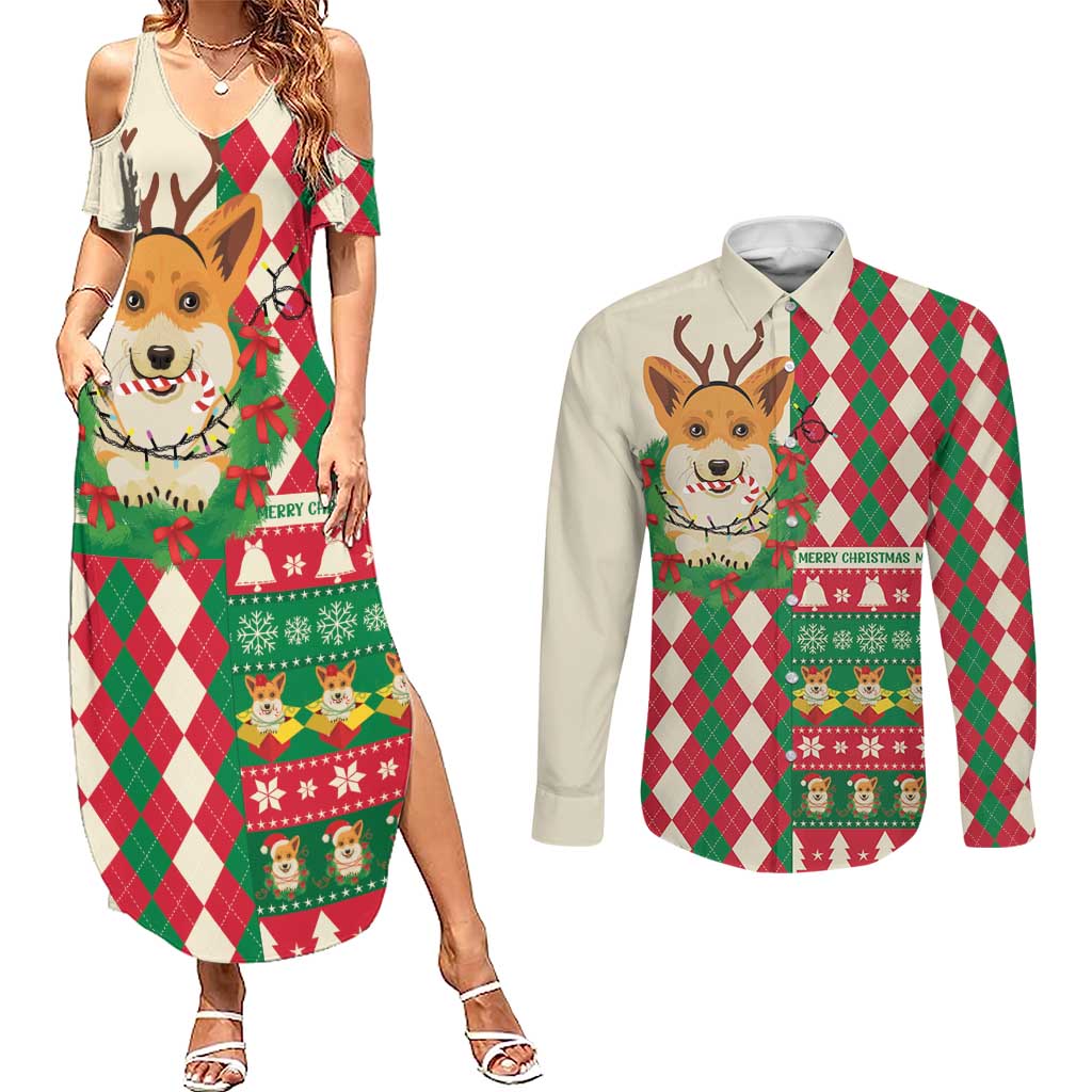 Wales Corgi Christmas Couples Matching Summer Maxi Dress and Long Sleeve Button Shirt Seamless Cute Dog Argyle Pattern - Wonder Print Shop