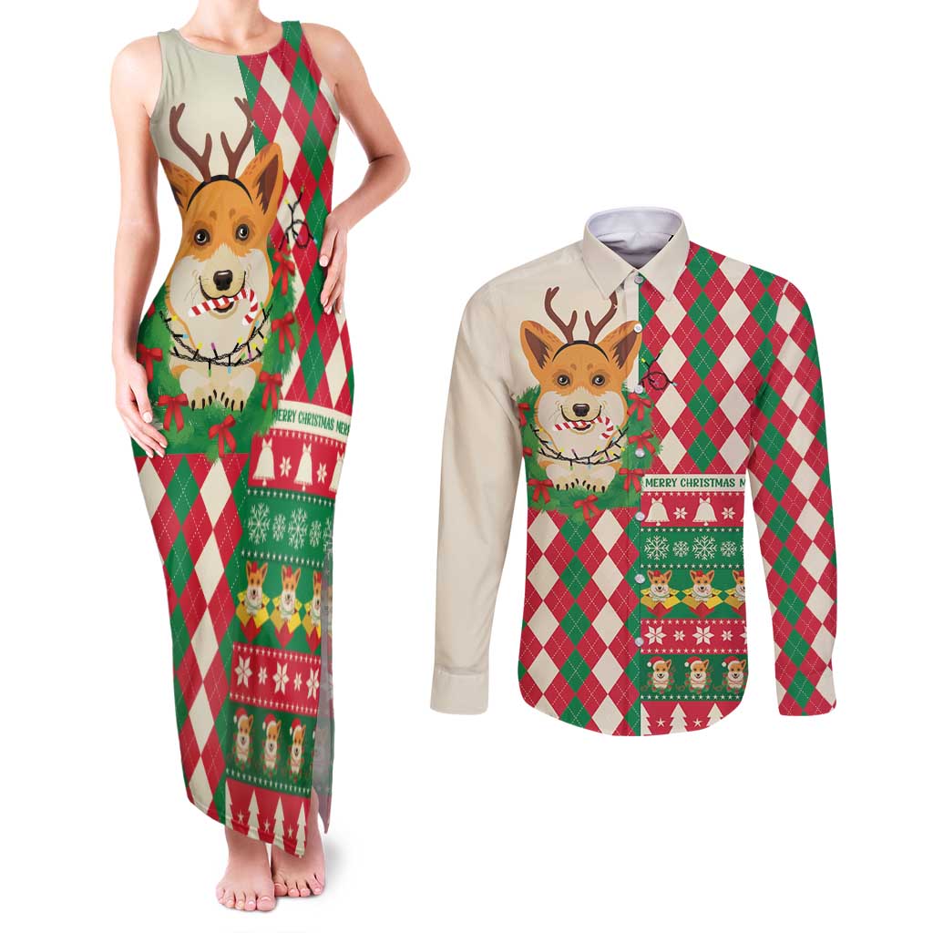 Wales Corgi Christmas Couples Matching Tank Maxi Dress and Long Sleeve Button Shirt Seamless Cute Dog Argyle Pattern - Wonder Print Shop