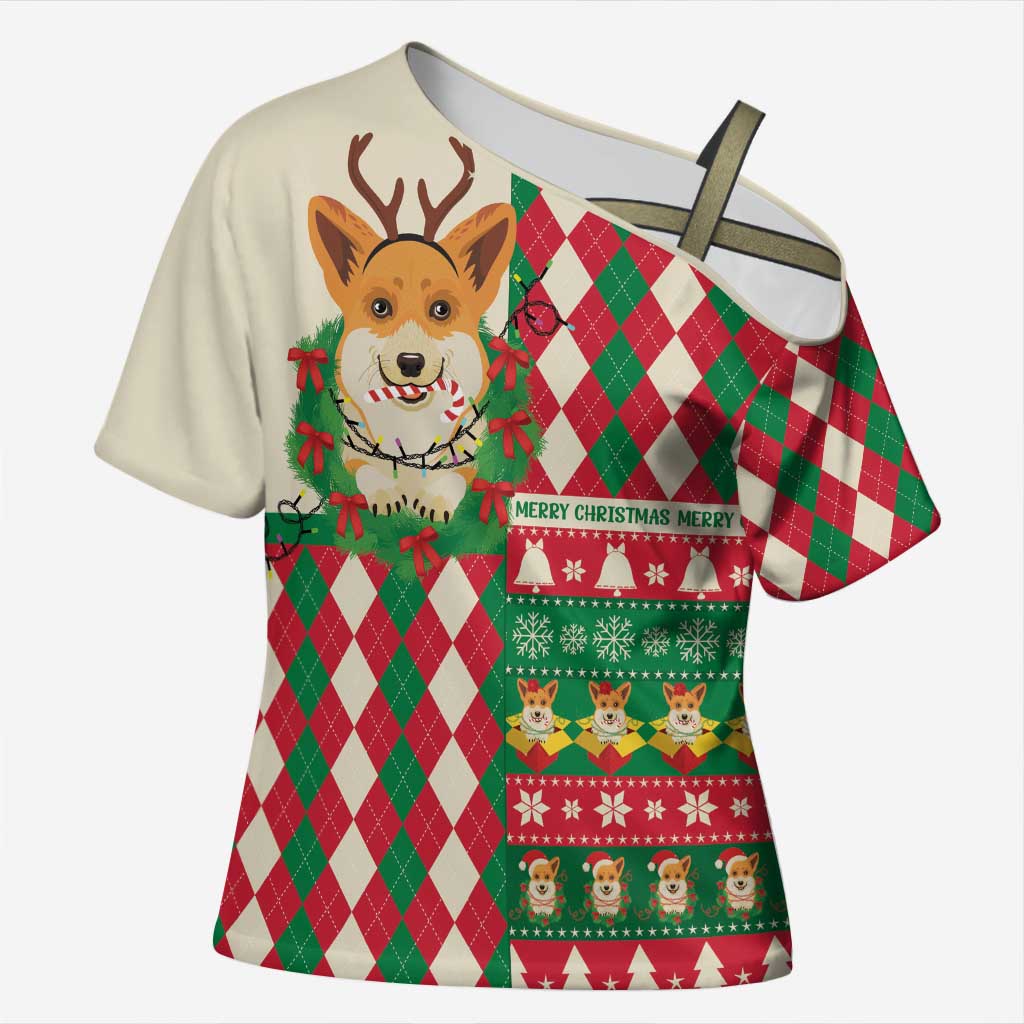 Wales Corgi Christmas Cross Shoulder Shirt Seamless Cute Dog Argyle Pattern - Wonder Print Shop