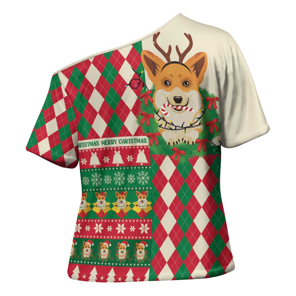 Wales Corgi Christmas Cross Shoulder Shirt Seamless Cute Dog Argyle Pattern - Wonder Print Shop