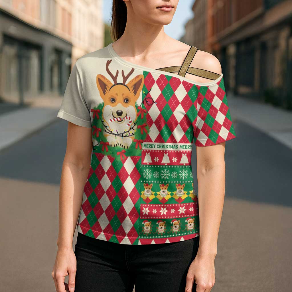 Wales Corgi Christmas Cross Shoulder Shirt Seamless Cute Dog Argyle Pattern - Wonder Print Shop