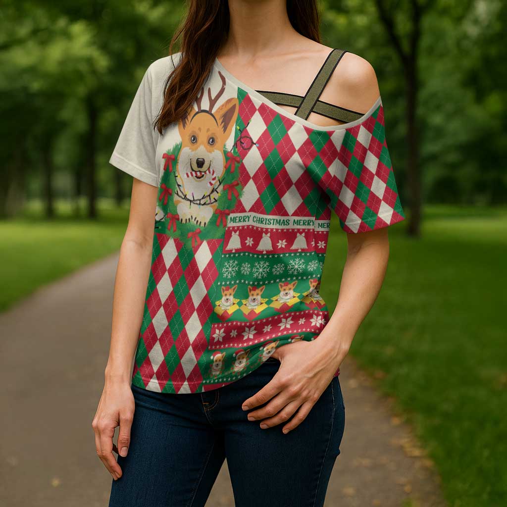 Wales Corgi Christmas Cross Shoulder Shirt Seamless Cute Dog Argyle Pattern - Wonder Print Shop