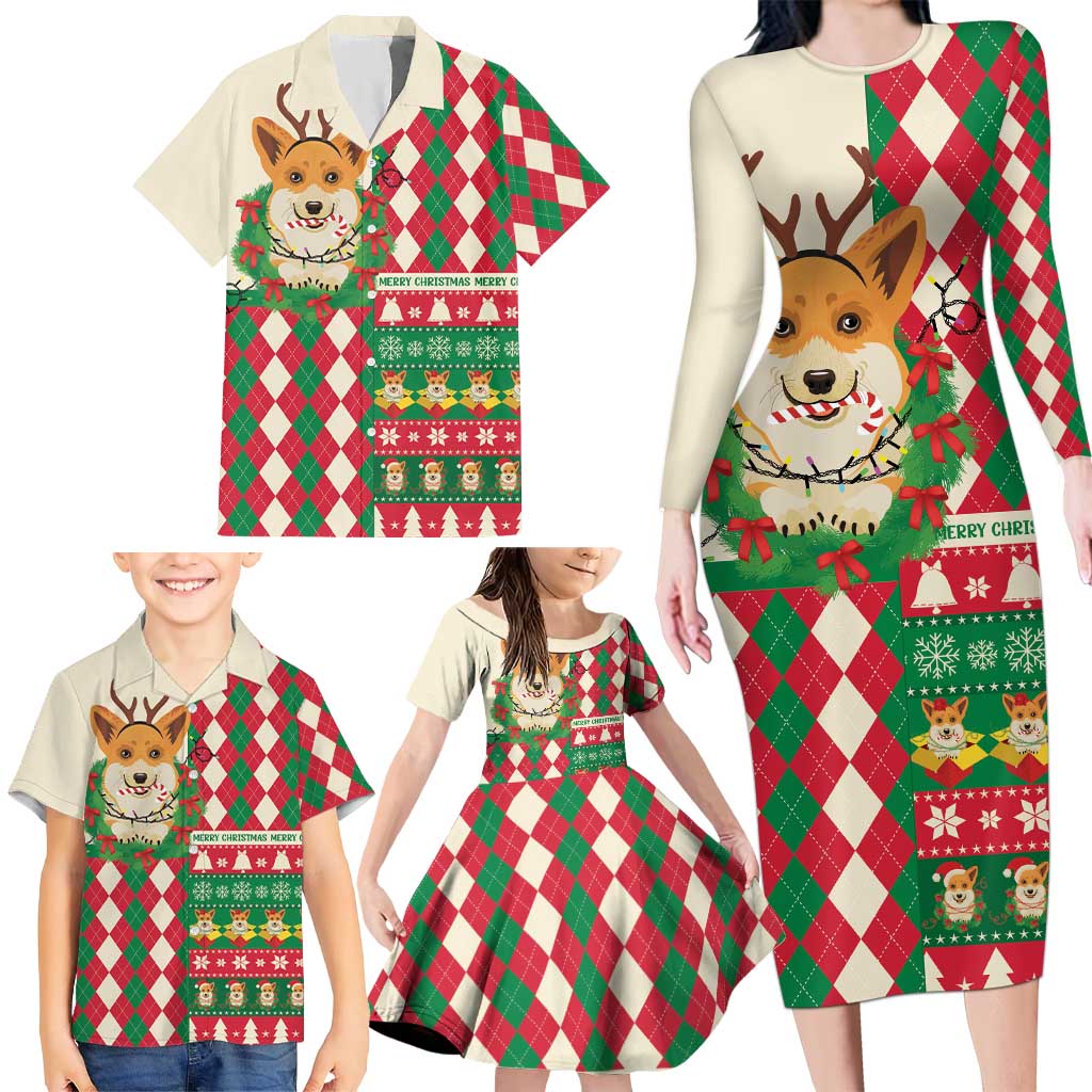 Wales Corgi Christmas Family Matching Long Sleeve Bodycon Dress and Hawaiian Shirt Seamless Cute Dog Argyle Pattern - Wonder Print Shop