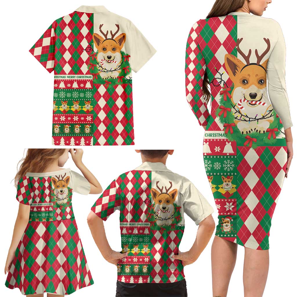 Wales Corgi Christmas Family Matching Long Sleeve Bodycon Dress and Hawaiian Shirt Seamless Cute Dog Argyle Pattern - Wonder Print Shop