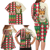 Wales Corgi Christmas Family Matching Long Sleeve Bodycon Dress and Hawaiian Shirt Seamless Cute Dog Argyle Pattern - Wonder Print Shop