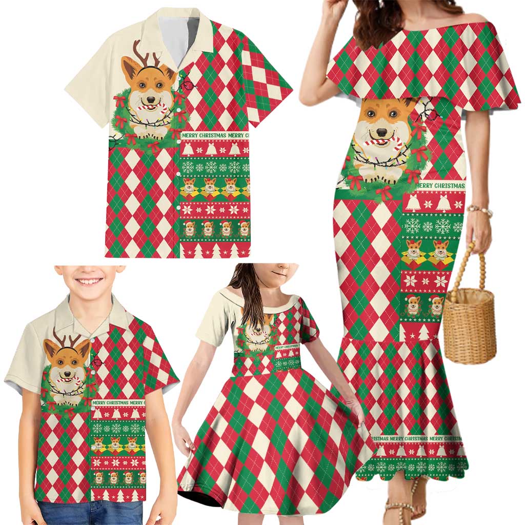 Wales Corgi Christmas Family Matching Mermaid Dress and Hawaiian Shirt Seamless Cute Dog Argyle Pattern - Wonder Print Shop
