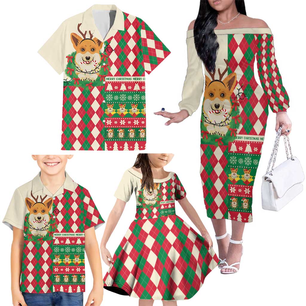 Wales Corgi Christmas Family Matching Off The Shoulder Long Sleeve Dress and Hawaiian Shirt Seamless Cute Dog Argyle Pattern - Wonder Print Shop